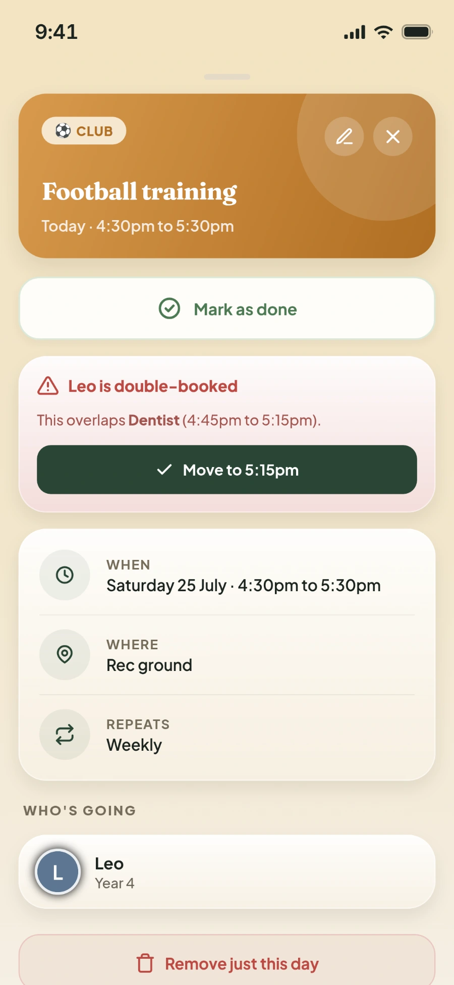 An activity, with clash resolution